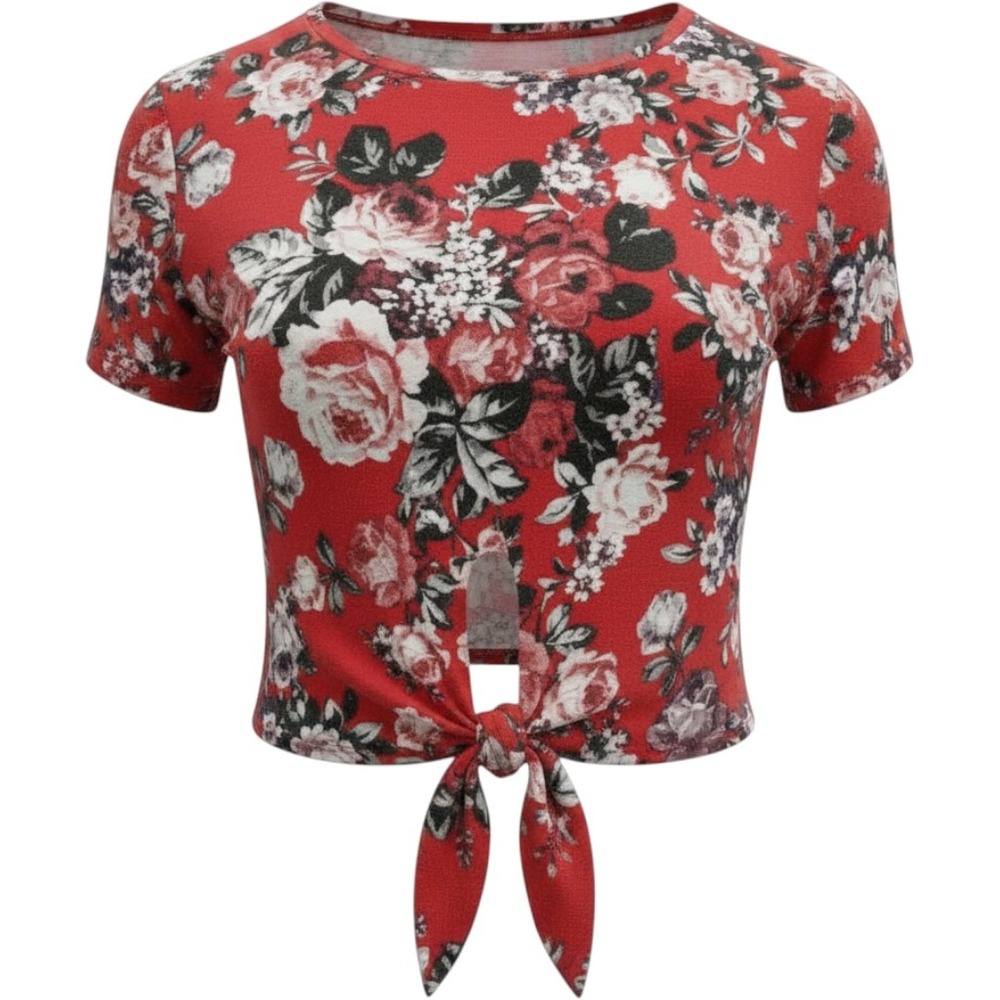 Heart & Hips Tie Front Top Women Size S Red Floral Short Sleeve Crew Neck